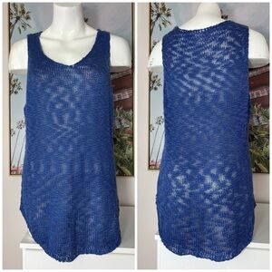 RD Style Blue Knit Mesh Semi Sheer Sleeveless Tank Top Vest Curve Hem Size Large
